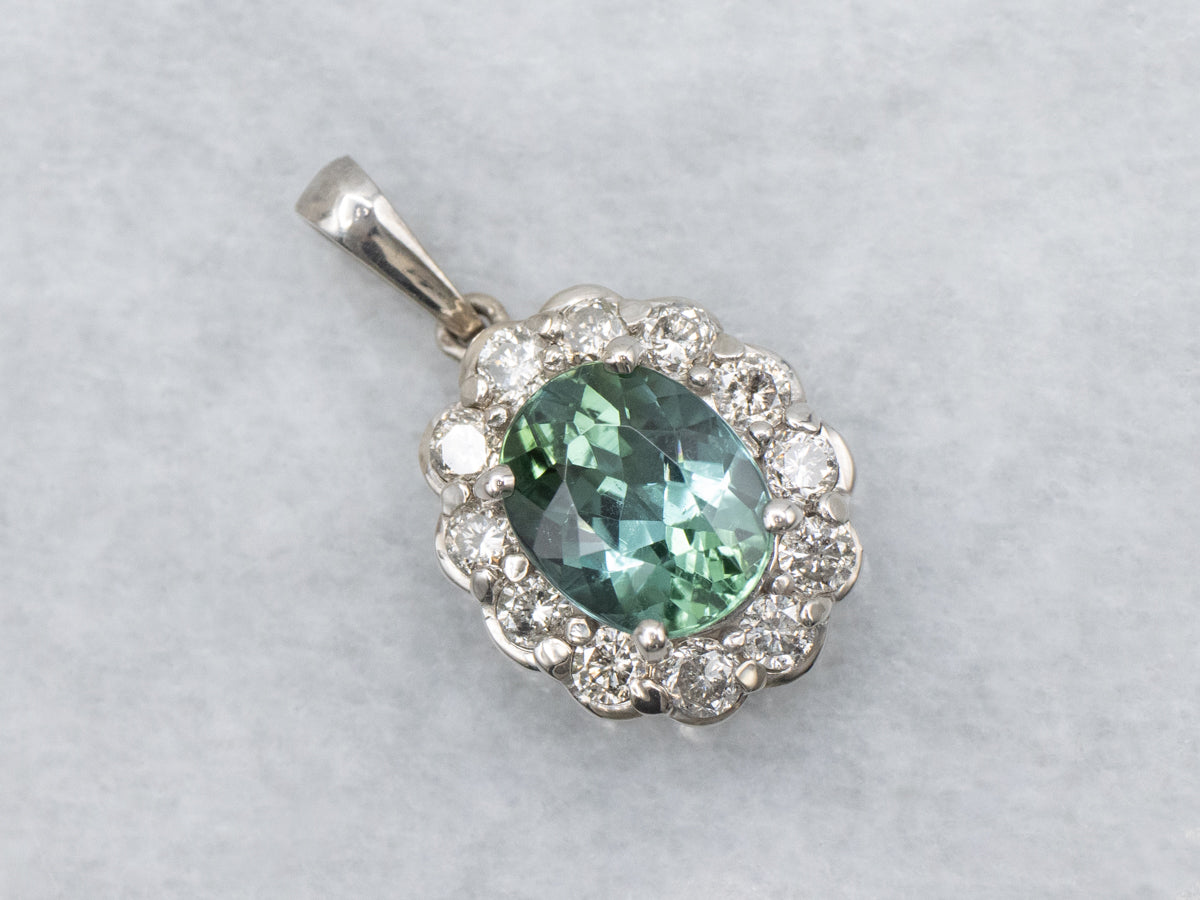 Scalloped Gold Green Tourmaline and Diamond Halo Pendant