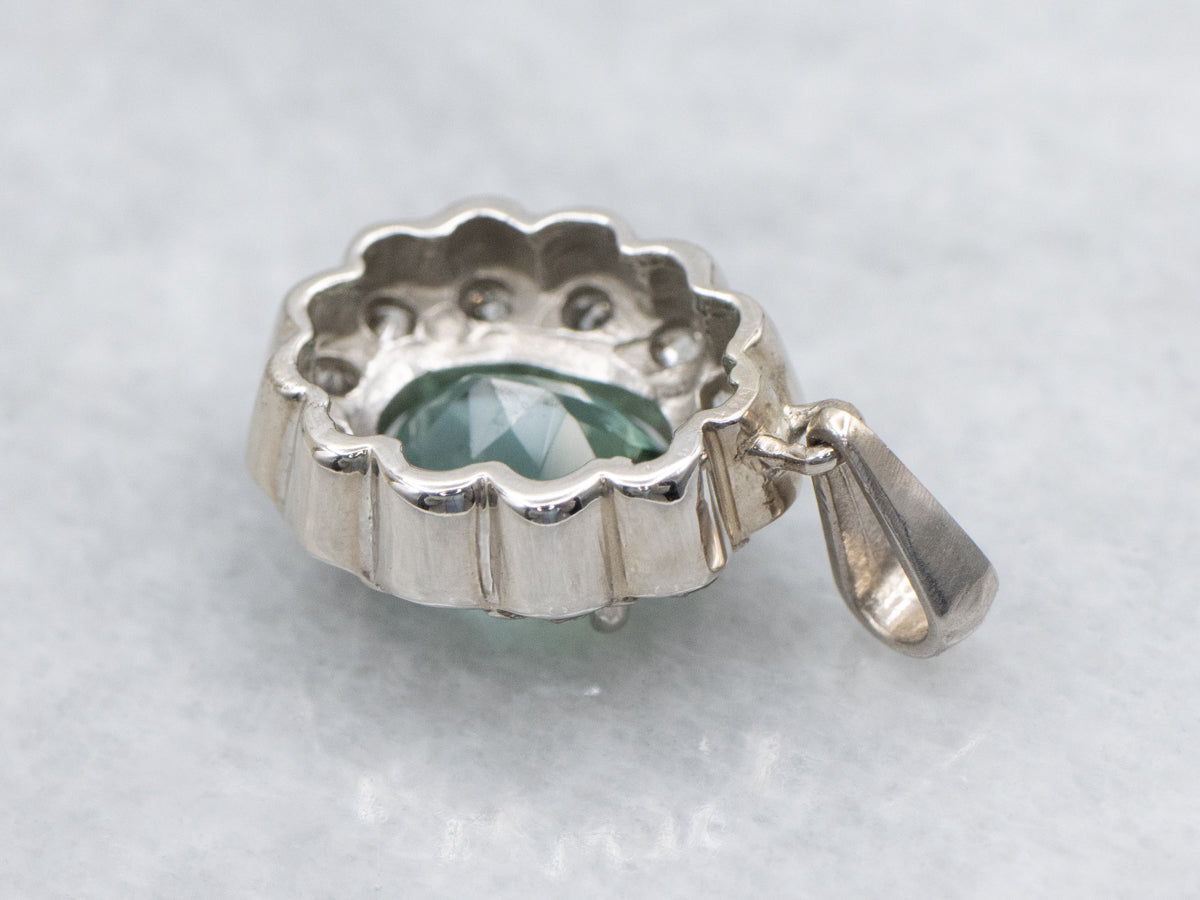 Scalloped Gold Green Tourmaline and Diamond Halo Pendant