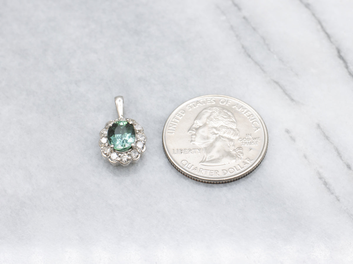 Scalloped Gold Green Tourmaline and Diamond Halo Pendant