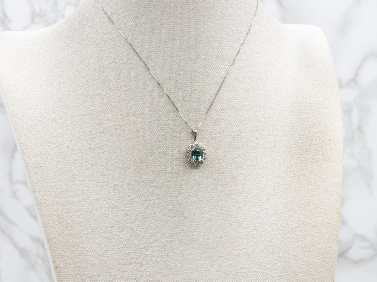 Scalloped Gold Green Tourmaline and Diamond Halo Pendant
