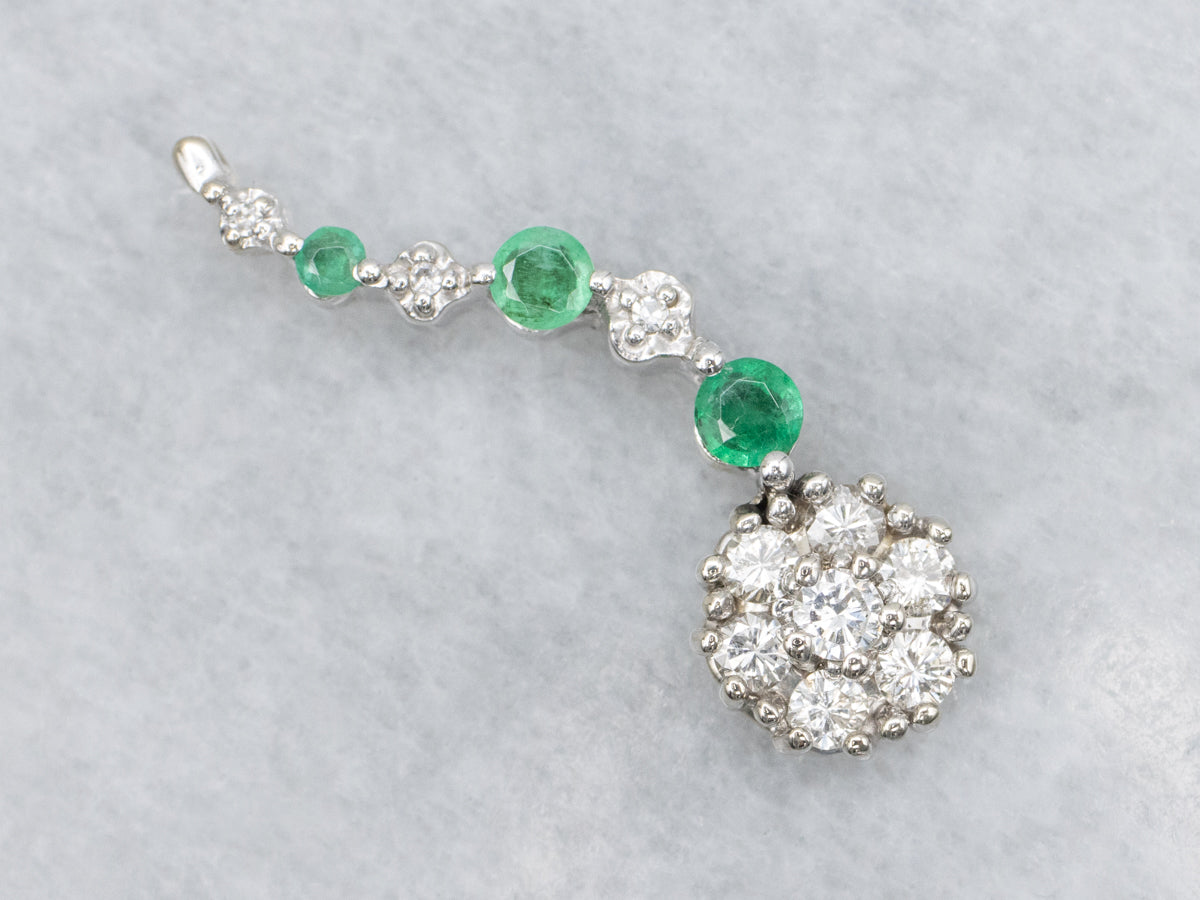 Graduated Diamond and Emerald White Gold Pendant