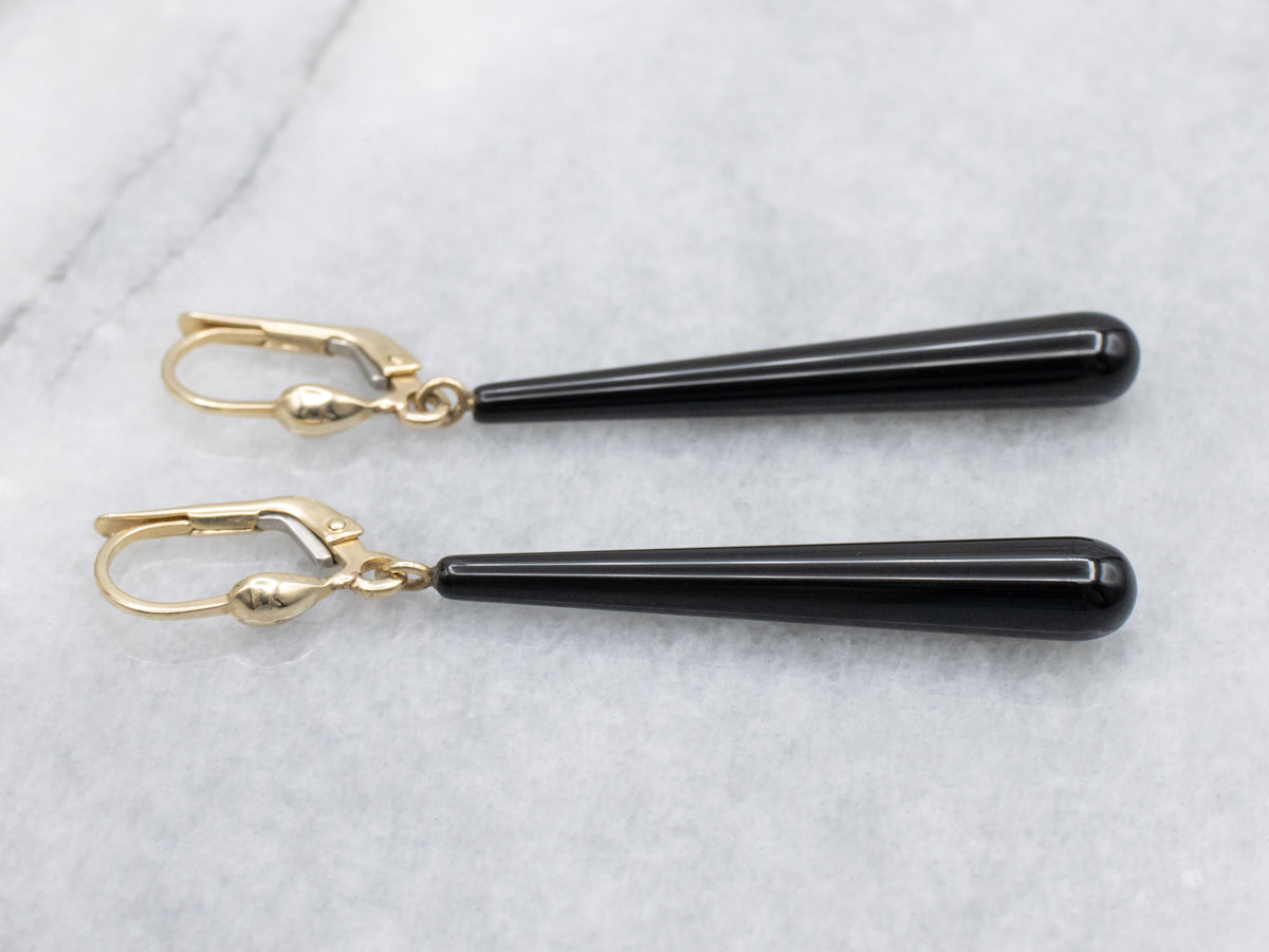 Elongated Teardrop Black Onyx Gold Earrings