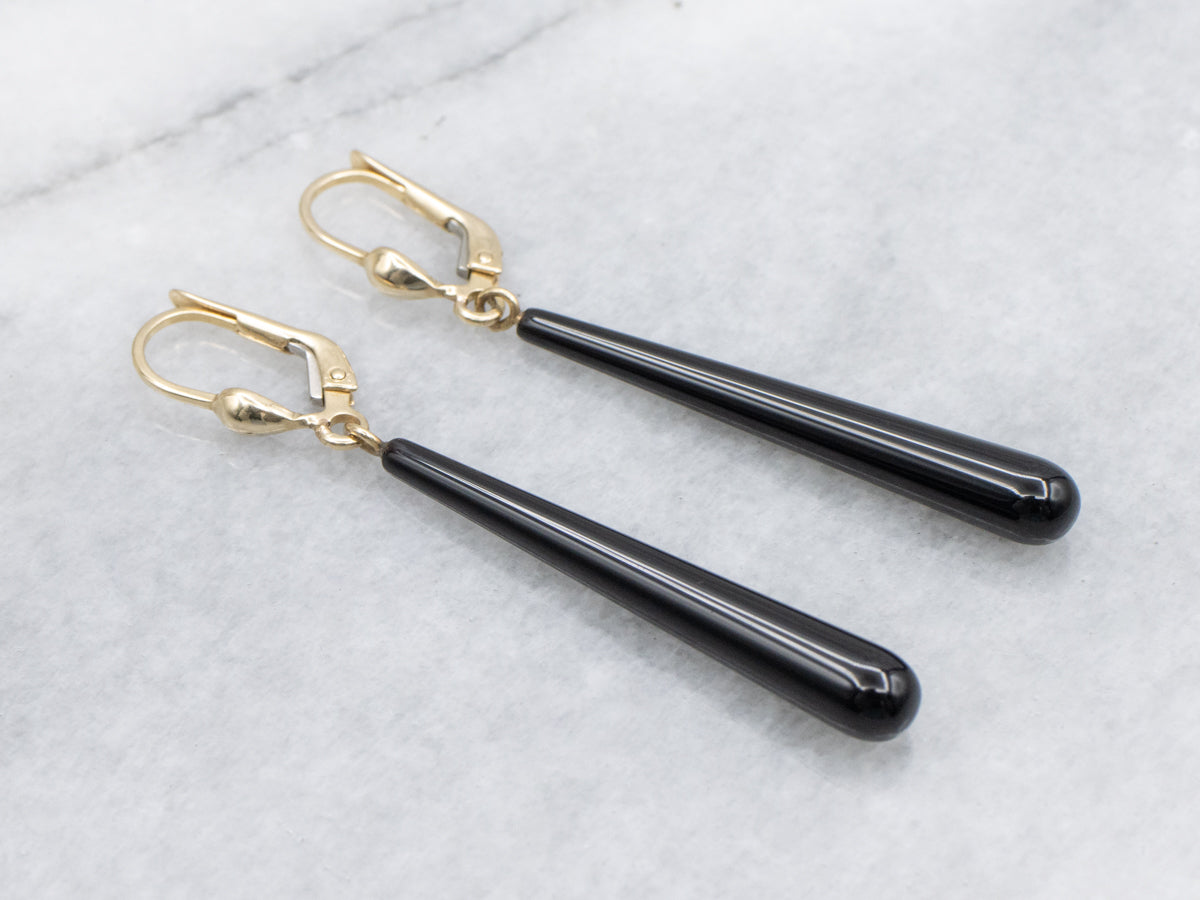 Elongated Teardrop Black Onyx Gold Earrings