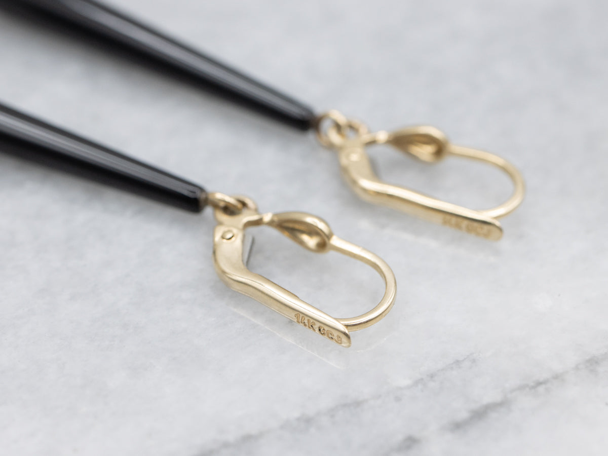 Elongated Teardrop Black Onyx Gold Earrings