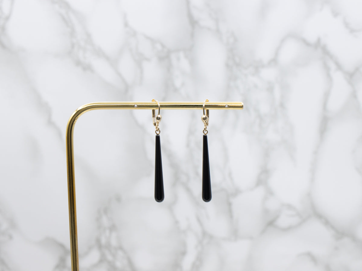 Elongated Teardrop Black Onyx Gold Earrings