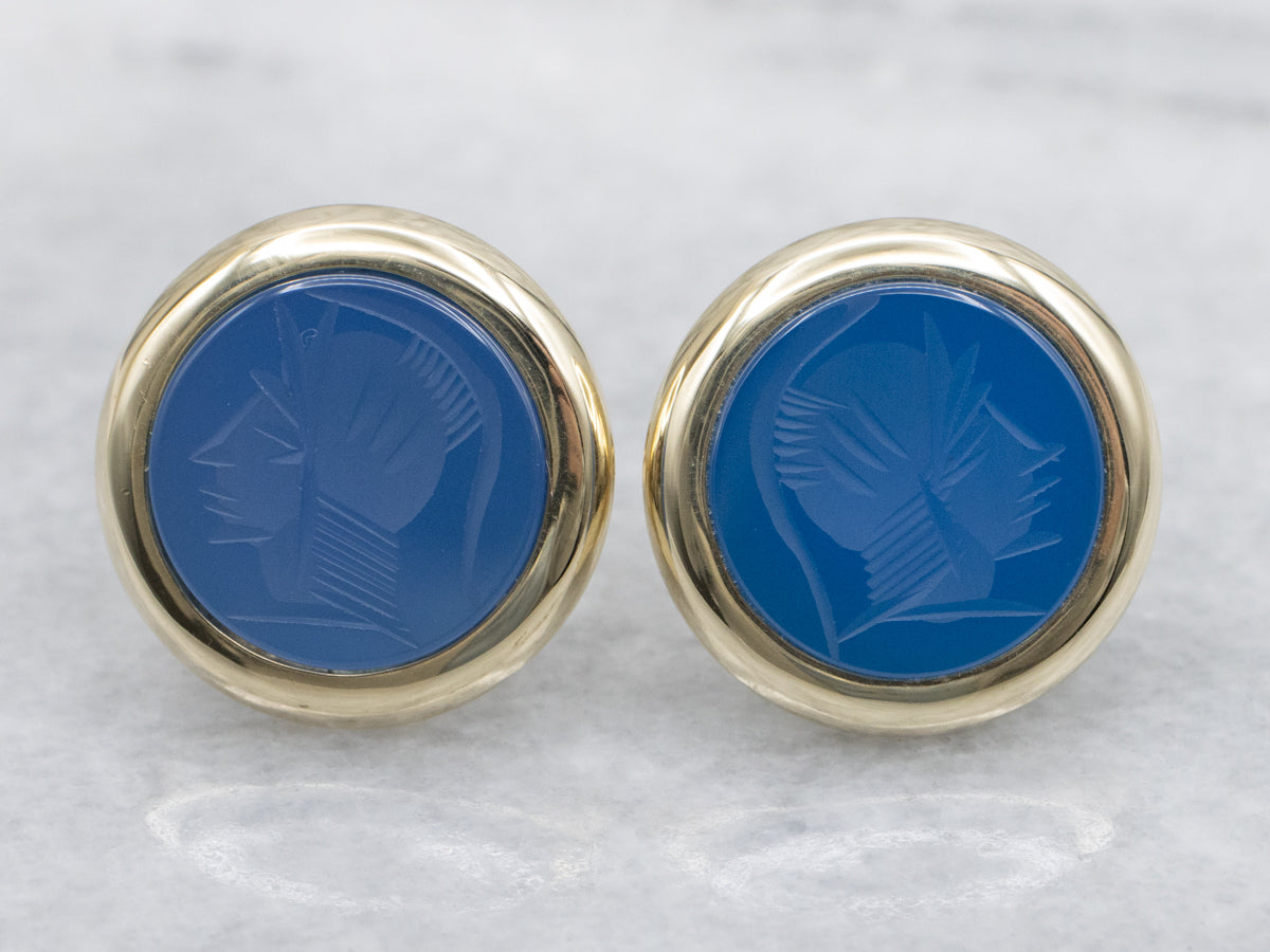 Vintage Italian Gold Blue Dyed Chalcedony Intaglio Stud Earrings