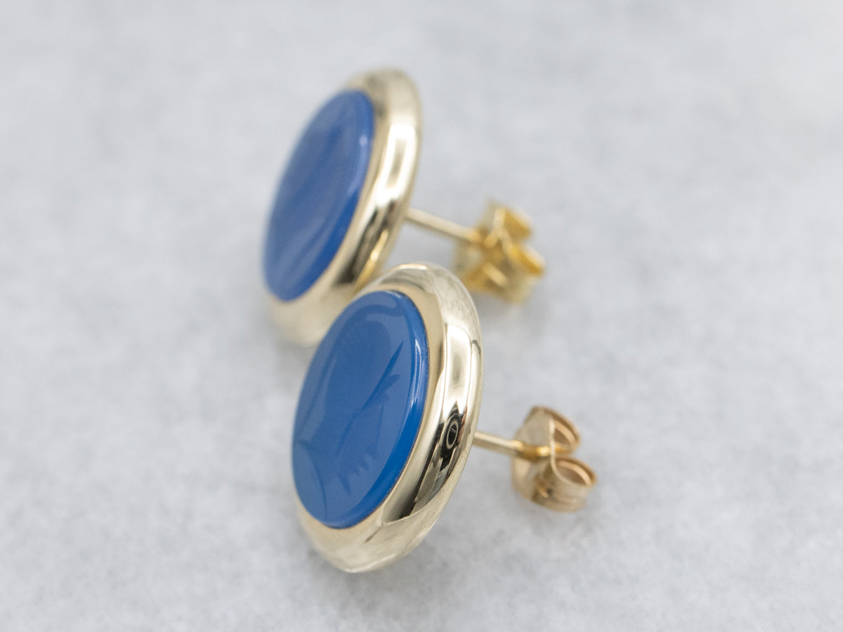 Vintage Italian Gold Blue Dyed Chalcedony Intaglio Stud Earrings