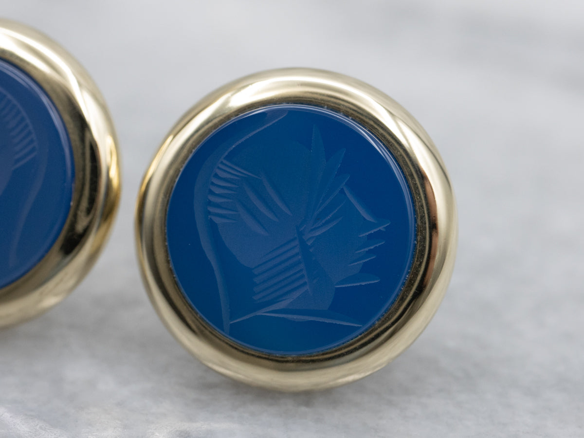 Vintage Italian Gold Blue Dyed Chalcedony Intaglio Stud Earrings