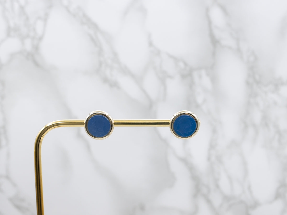 Vintage Italian Gold Blue Dyed Chalcedony Intaglio Stud Earrings