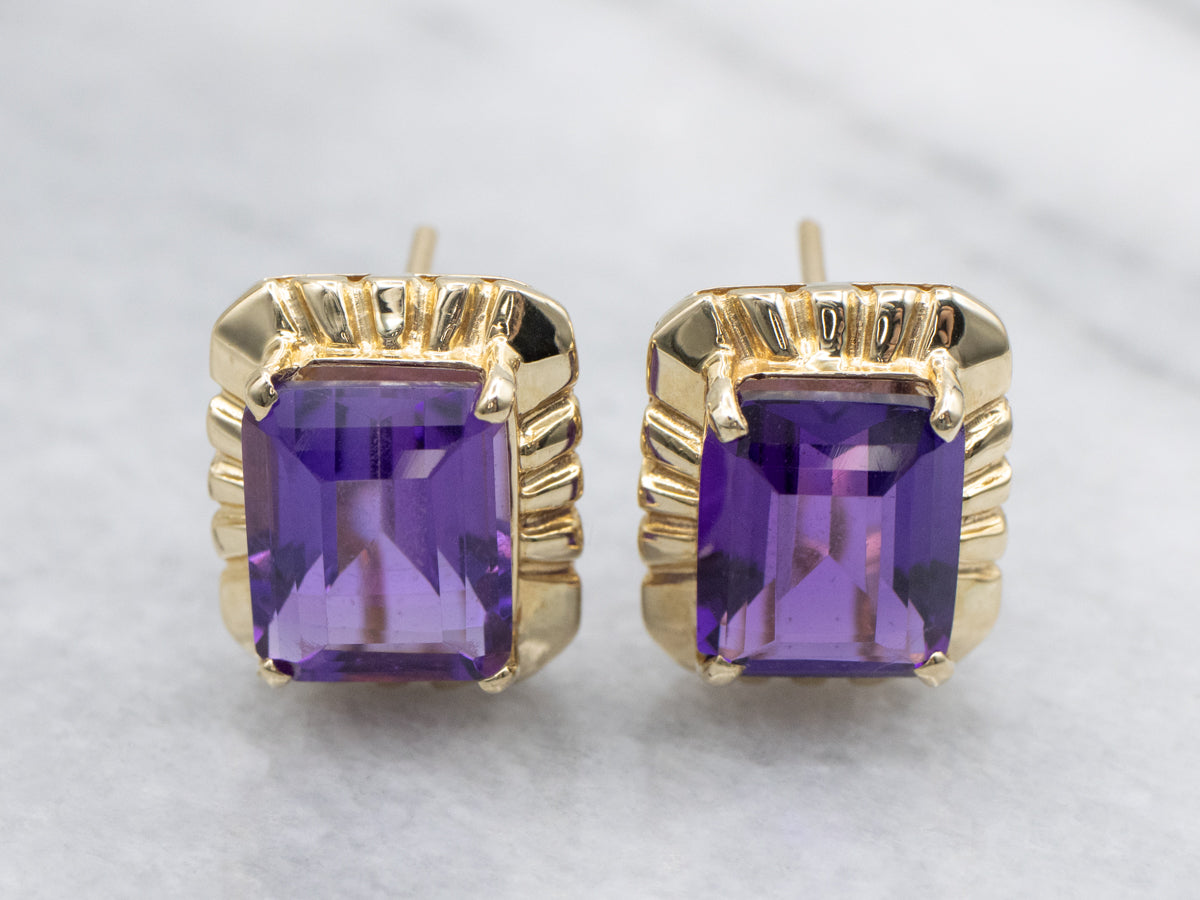 Vintage Gold Emerald-Cut Amethyst Stud Earrings