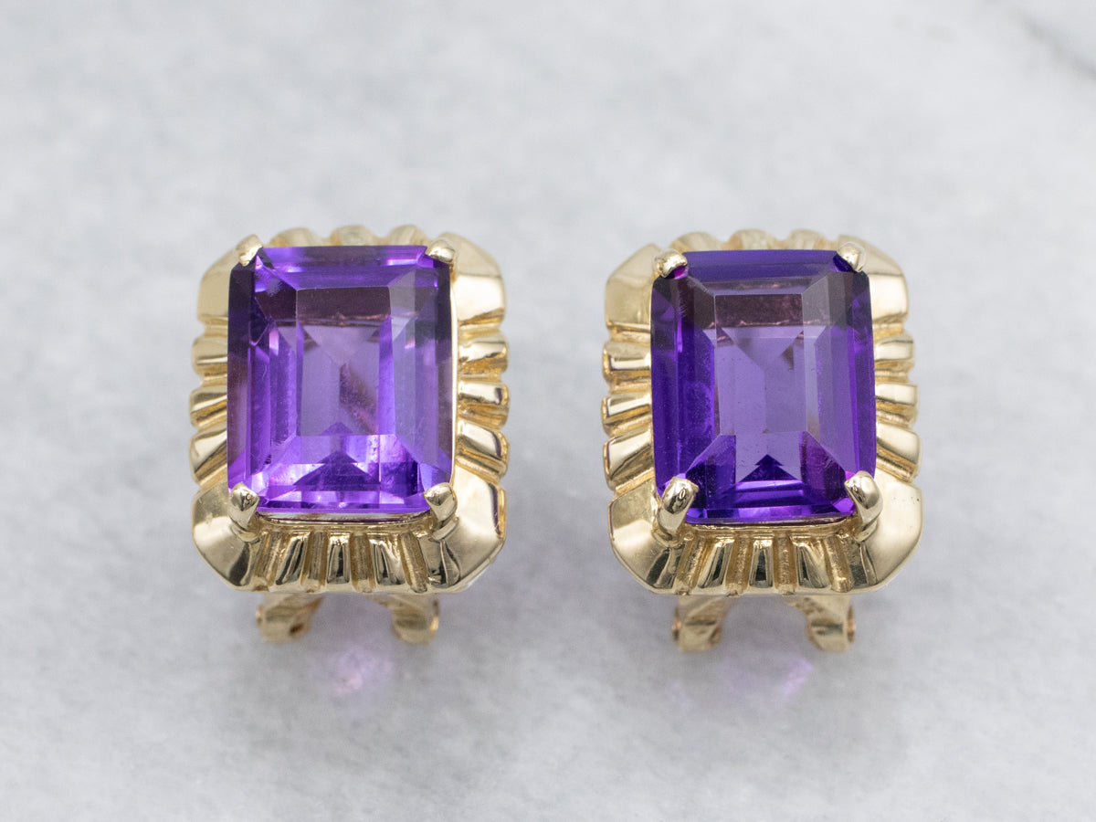 Vintage Gold Emerald-Cut Amethyst Stud Earrings