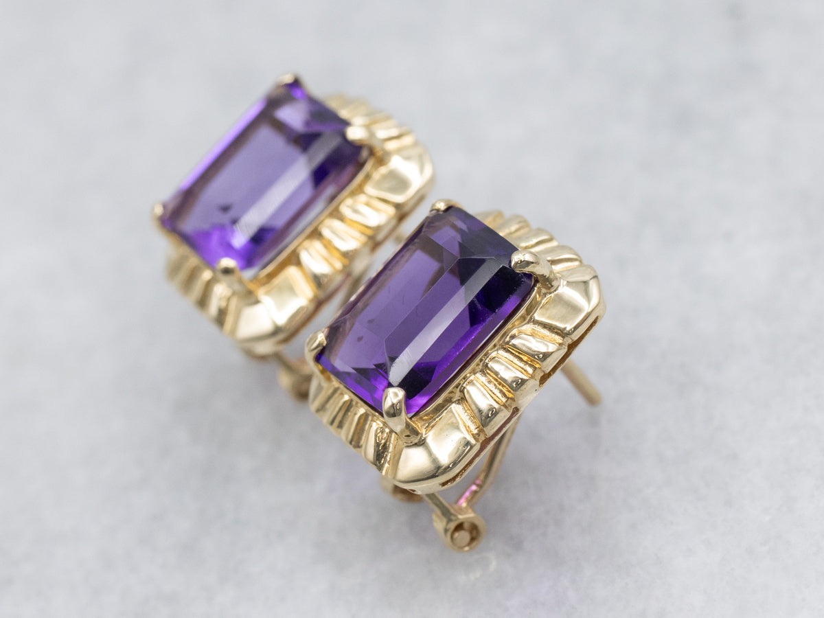 Vintage Gold Emerald-Cut Amethyst Stud Earrings