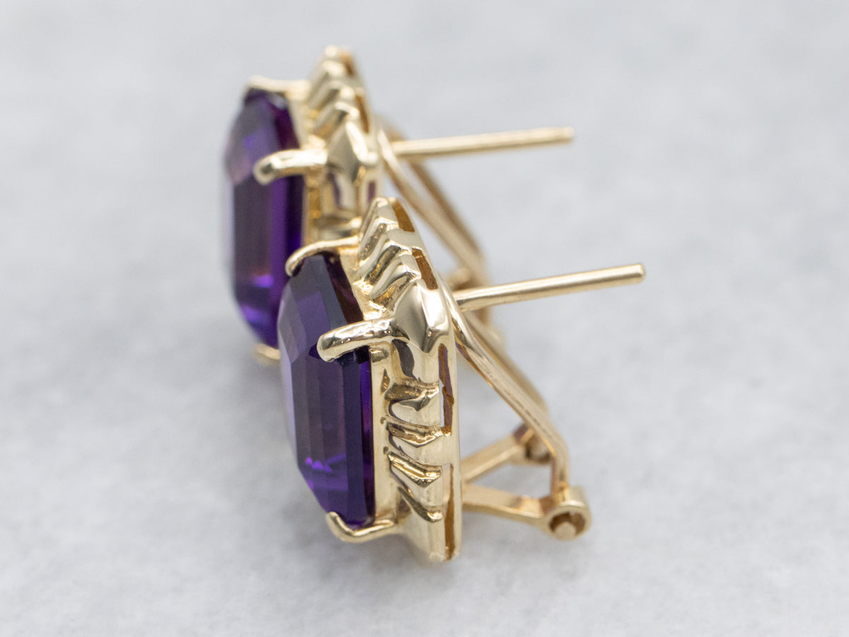 Vintage Gold Emerald-Cut Amethyst Stud Earrings