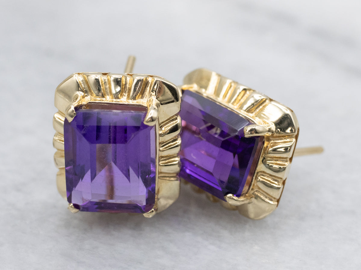 Vintage Gold Emerald-Cut Amethyst Stud Earrings