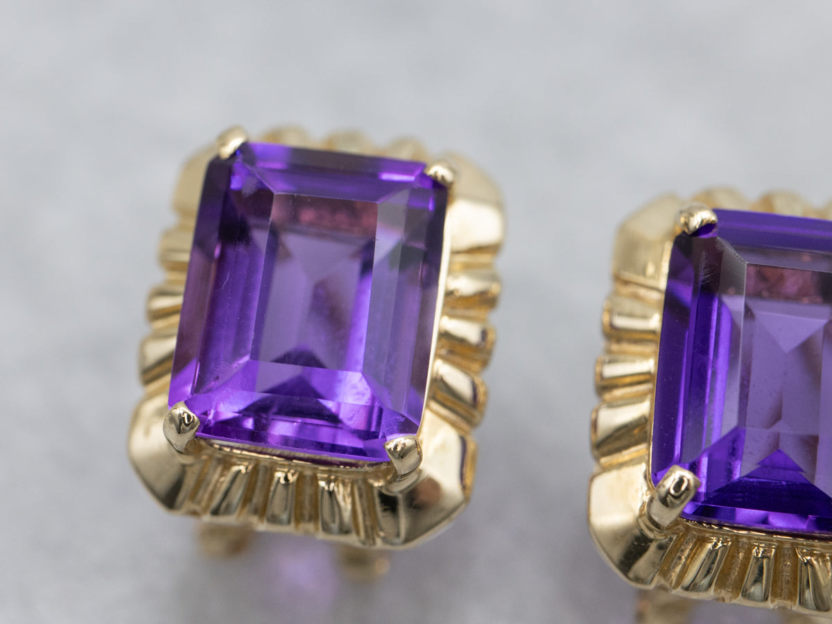 Vintage Gold Emerald-Cut Amethyst Stud Earrings