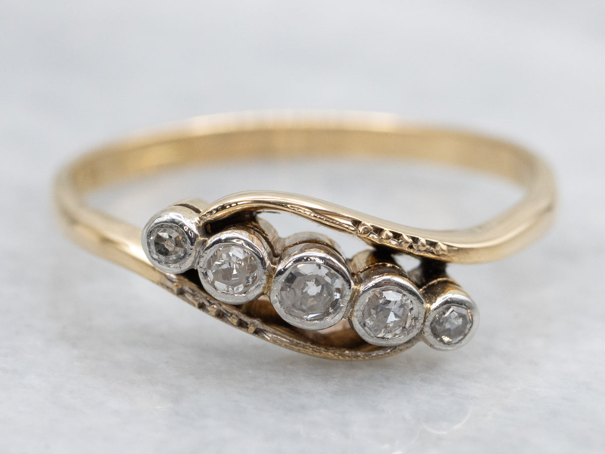 Antique Old Mine Cut Diamond Platinum and Gold Bypass Ring