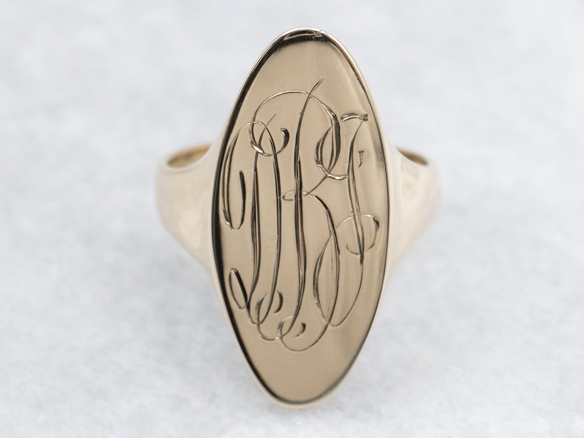 Elongated Oval Engraved &quot; DBJ&quot; Gold Signet Ring