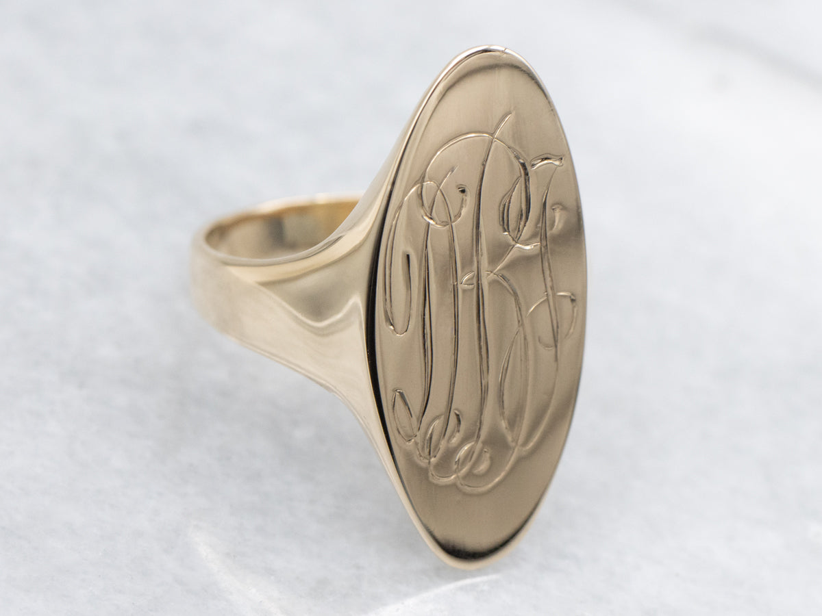 Elongated Oval Engraved " DBJ" Gold Signet Ring