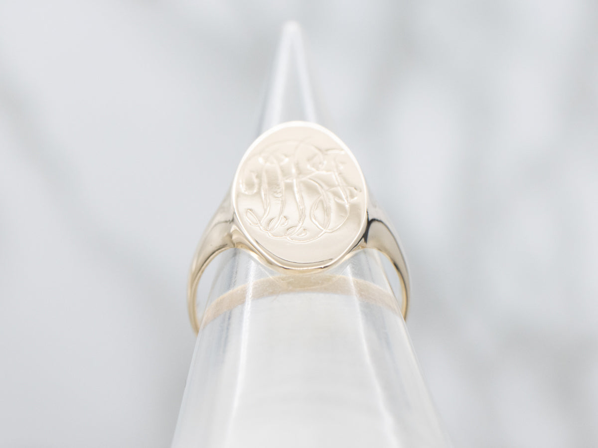 Elongated Oval Engraved " DBJ" Gold Signet Ring