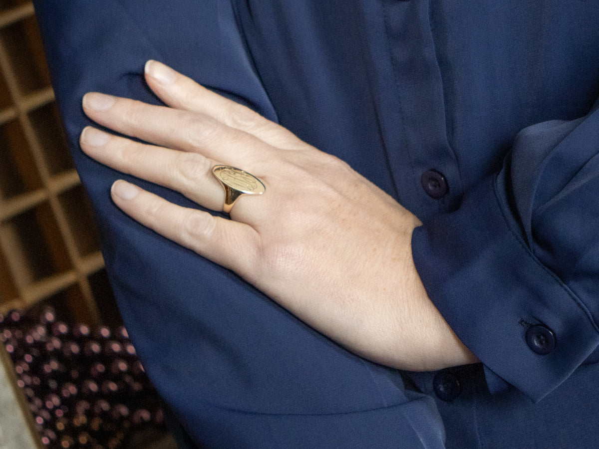 Elongated Oval Engraved " DBJ" Gold Signet Ring