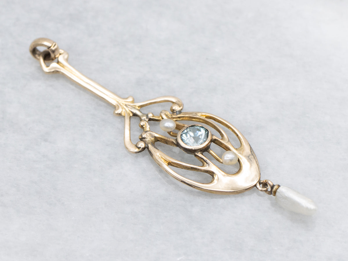 Antique Gold Blue Zircon and Pearl Lavalier Pendant