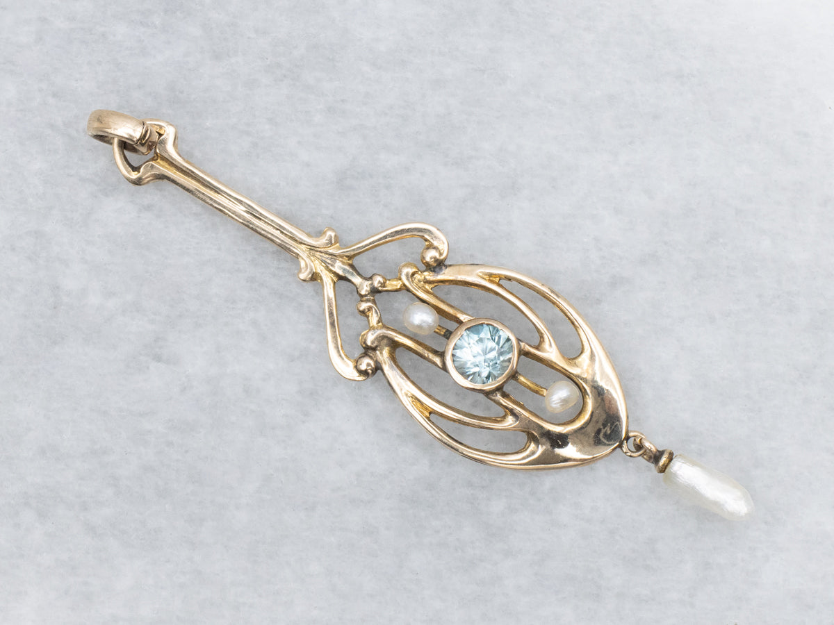 Antique Gold Blue Zircon and Pearl Lavalier Pendant