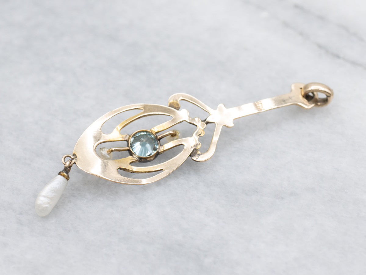 Antique Gold Blue Zircon and Pearl Lavalier Pendant