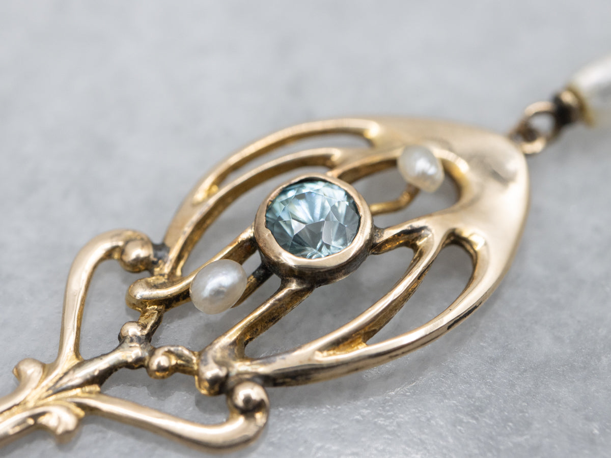 Antique Gold Blue Zircon and Pearl Lavalier Pendant