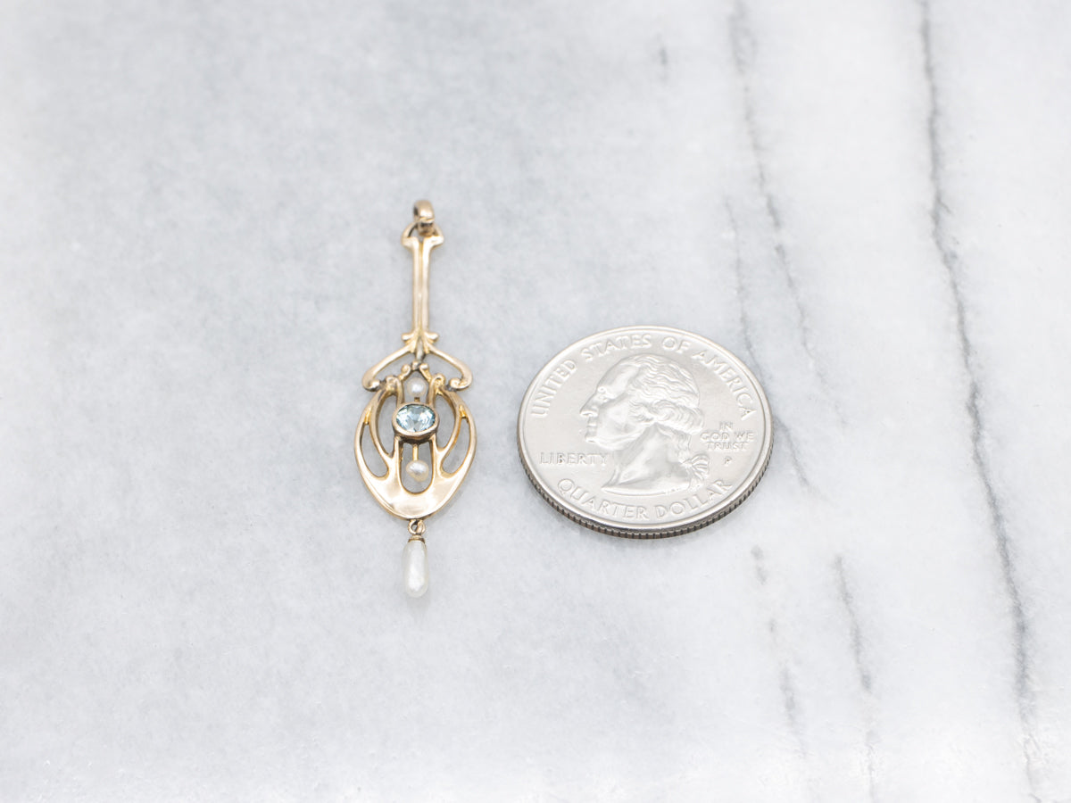 Antique Gold Blue Zircon and Pearl Lavalier Pendant