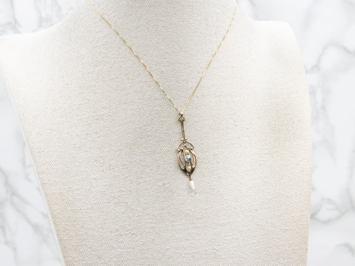 Antique Gold Blue Zircon and Pearl Lavalier Pendant