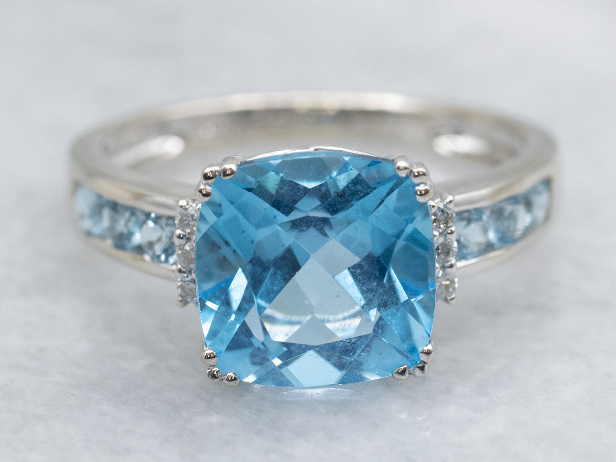 Modern Blue Topaz and Diamond White Gold Ring