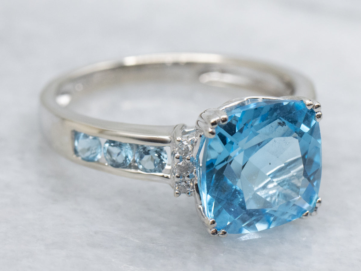 Modern Blue Topaz and Diamond White Gold Ring