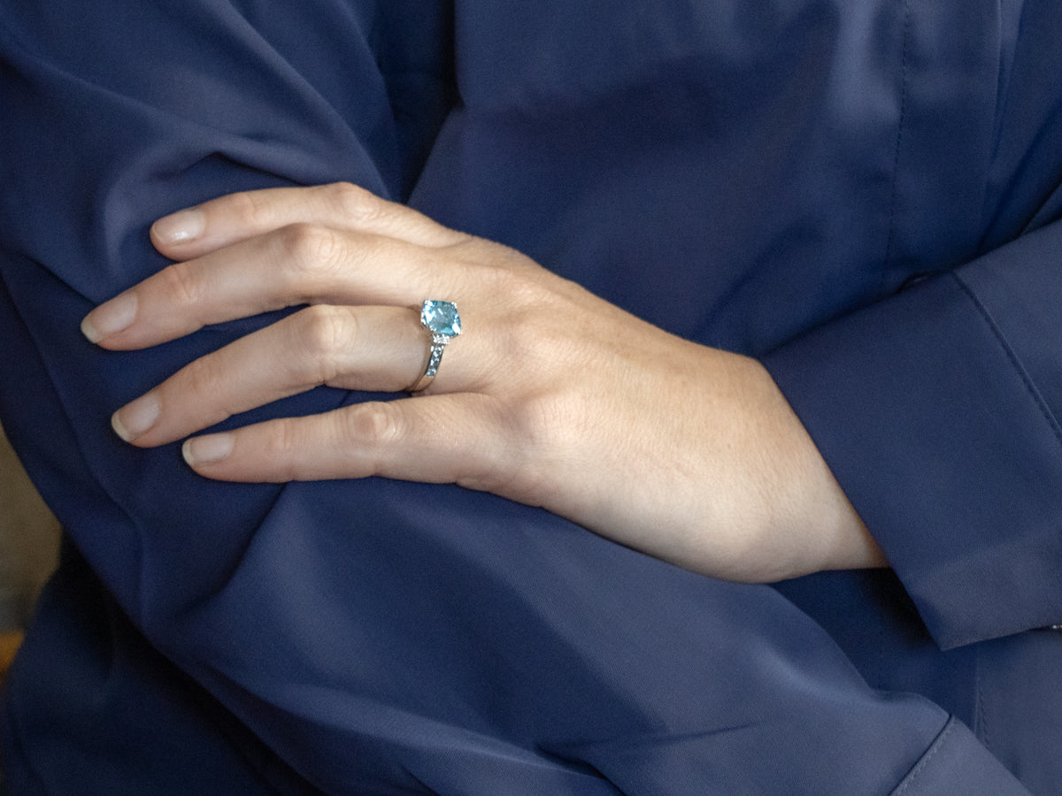 Modern Blue Topaz and Diamond White Gold Ring