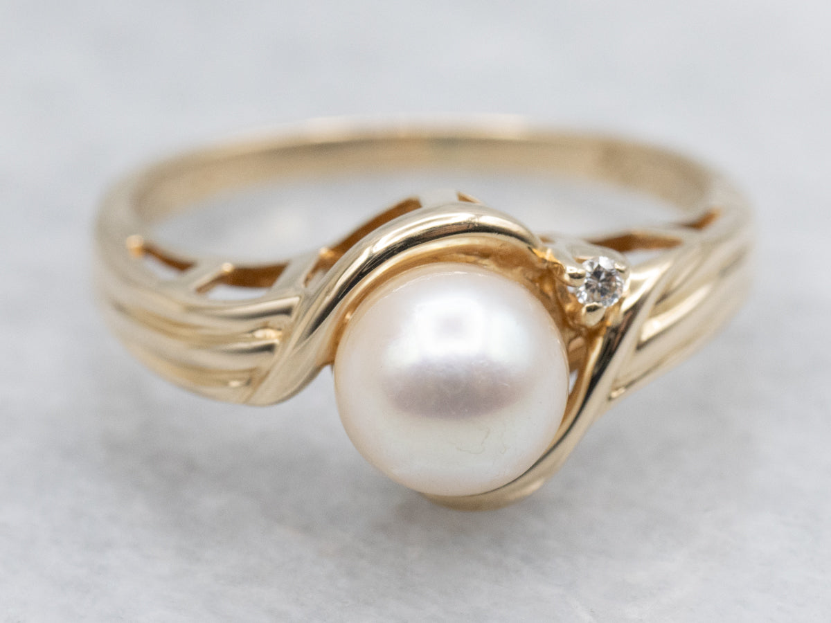 Pearl and Diamond Yellow Gold Bypass Ring