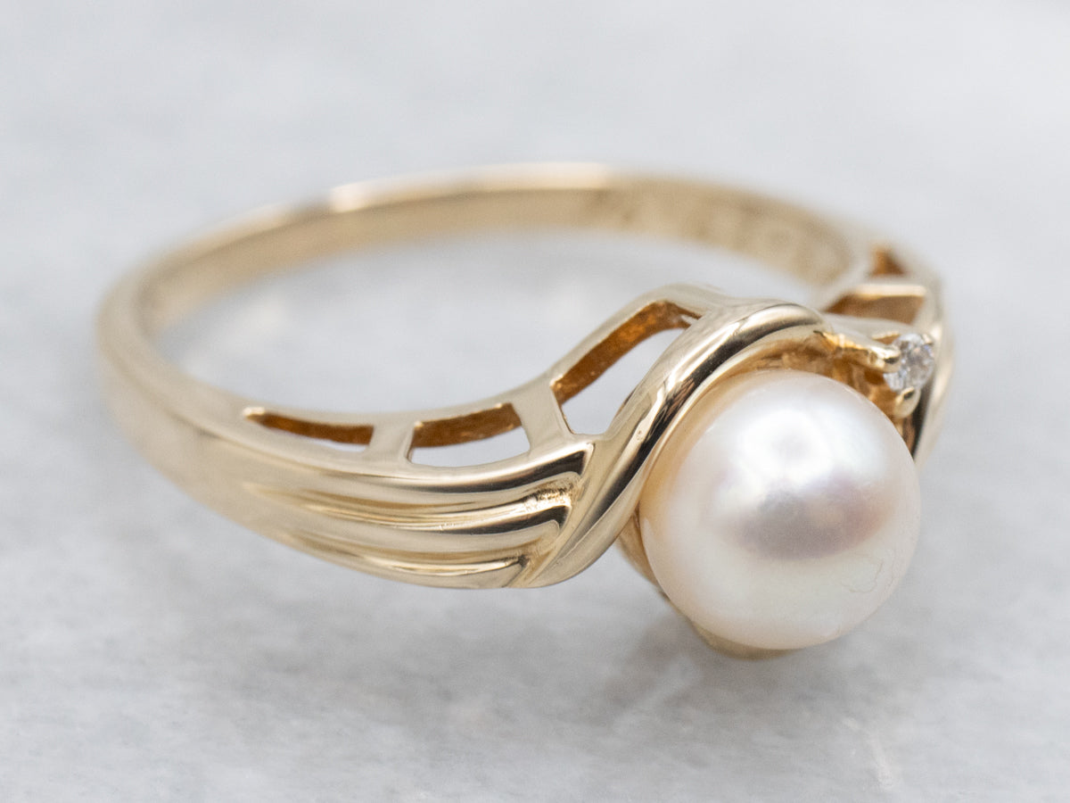 Pearl and Diamond Yellow Gold Bypass Ring
