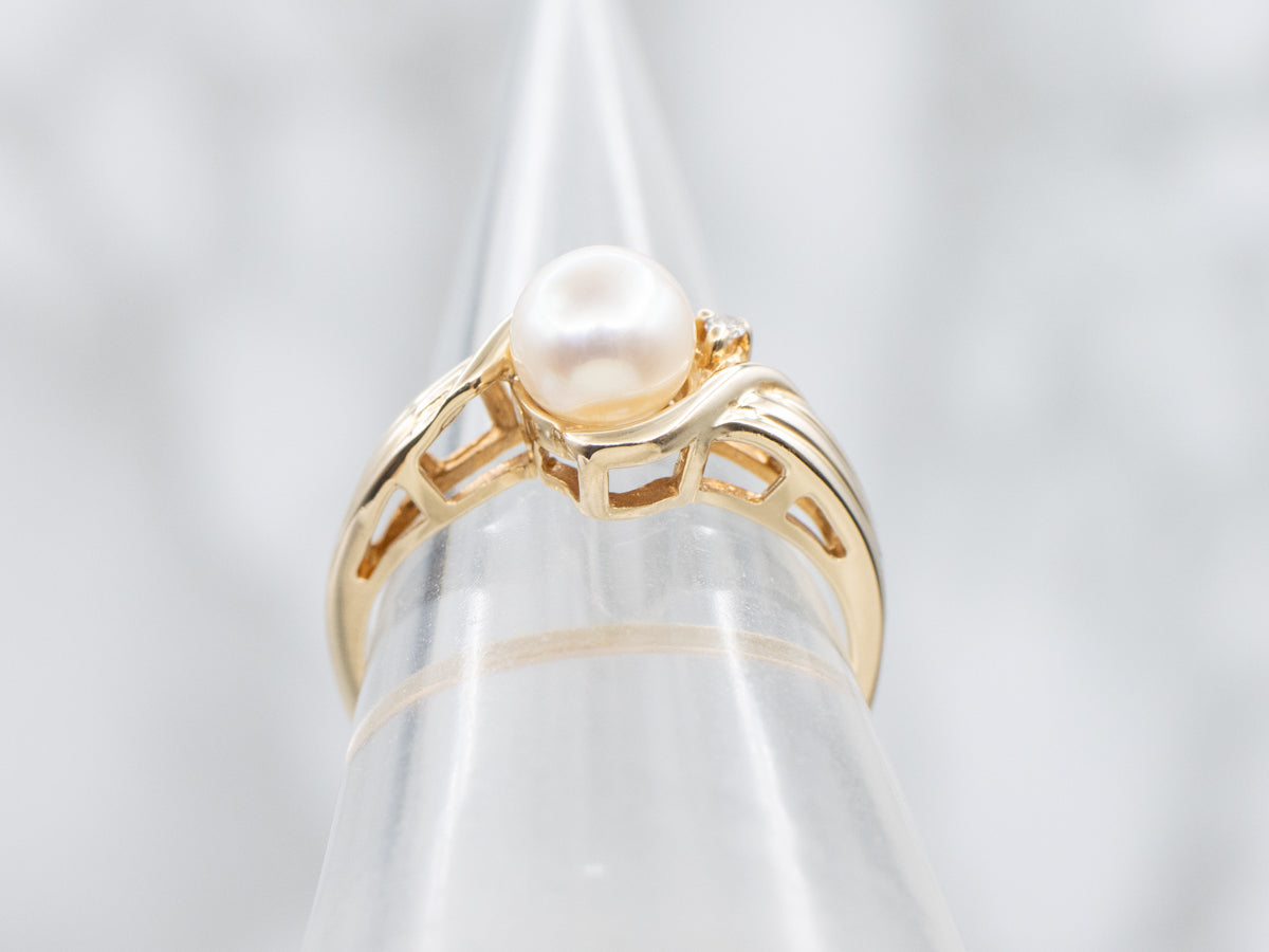 Pearl and Diamond Yellow Gold Bypass Ring