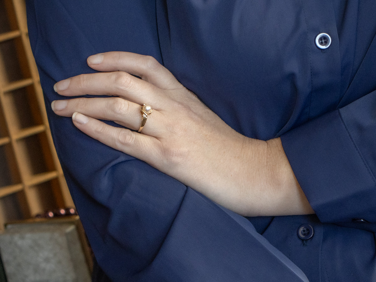 Pearl and Diamond Yellow Gold Bypass Ring