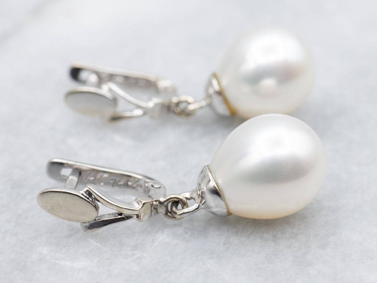 Sleek White Gold Pearl Dangle Drop Earrings