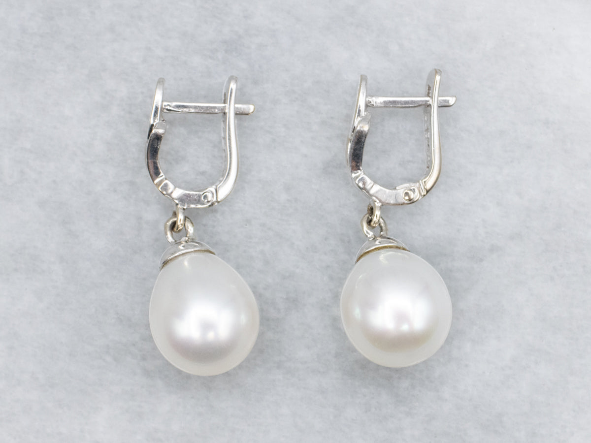 Sleek White Gold Pearl Dangle Drop Earrings