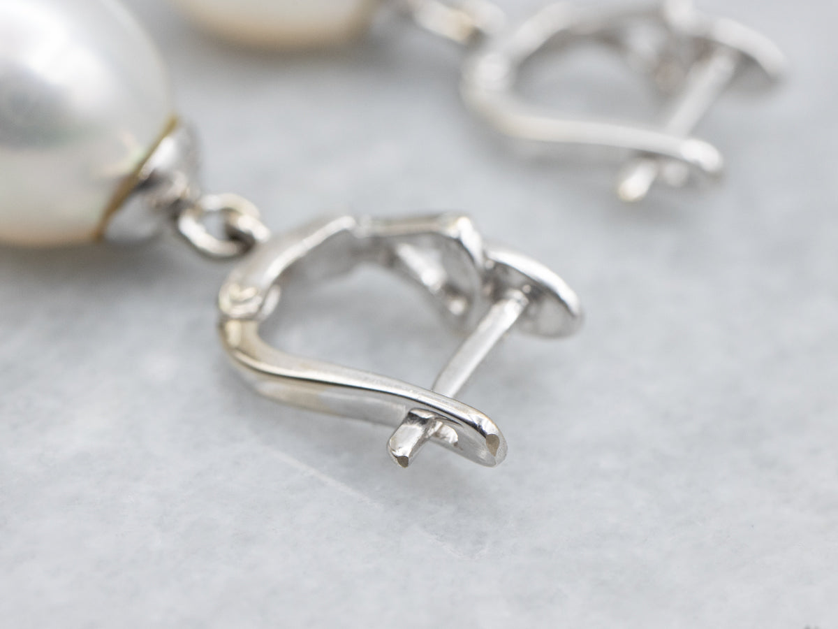 Sleek White Gold Pearl Dangle Drop Earrings