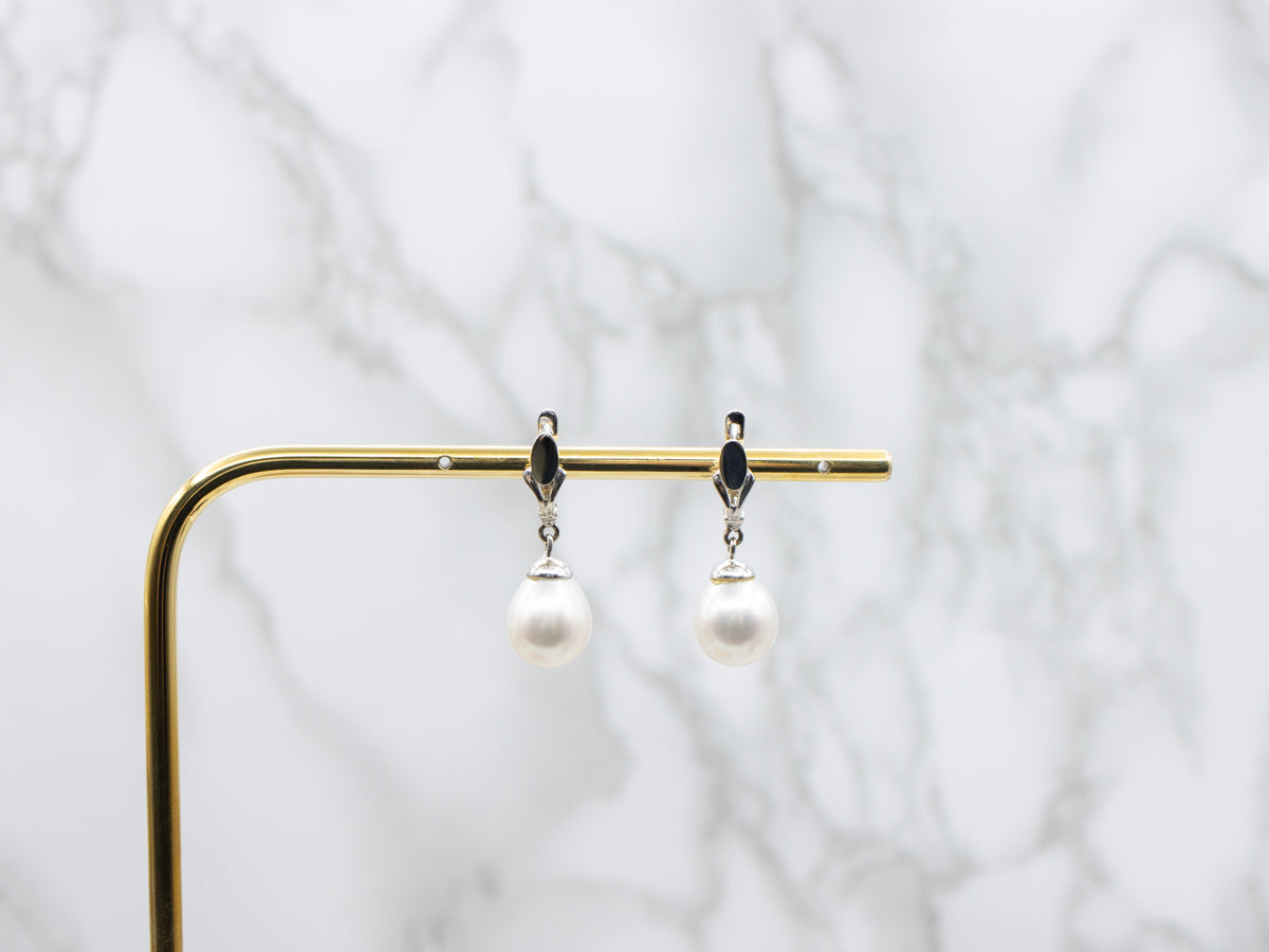 Sleek White Gold Pearl Dangle Drop Earrings