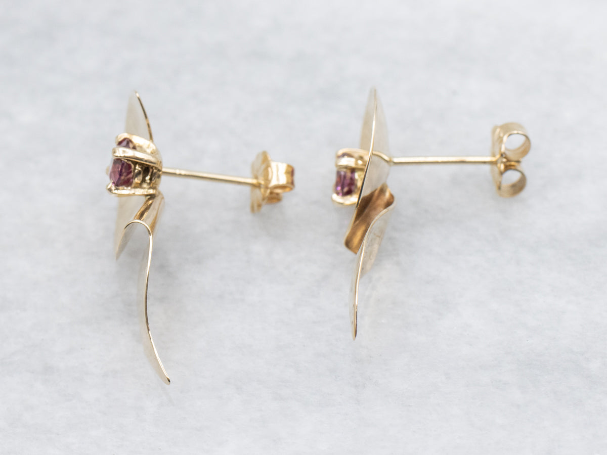 Modernist Gold and Garnet Drop Earrings