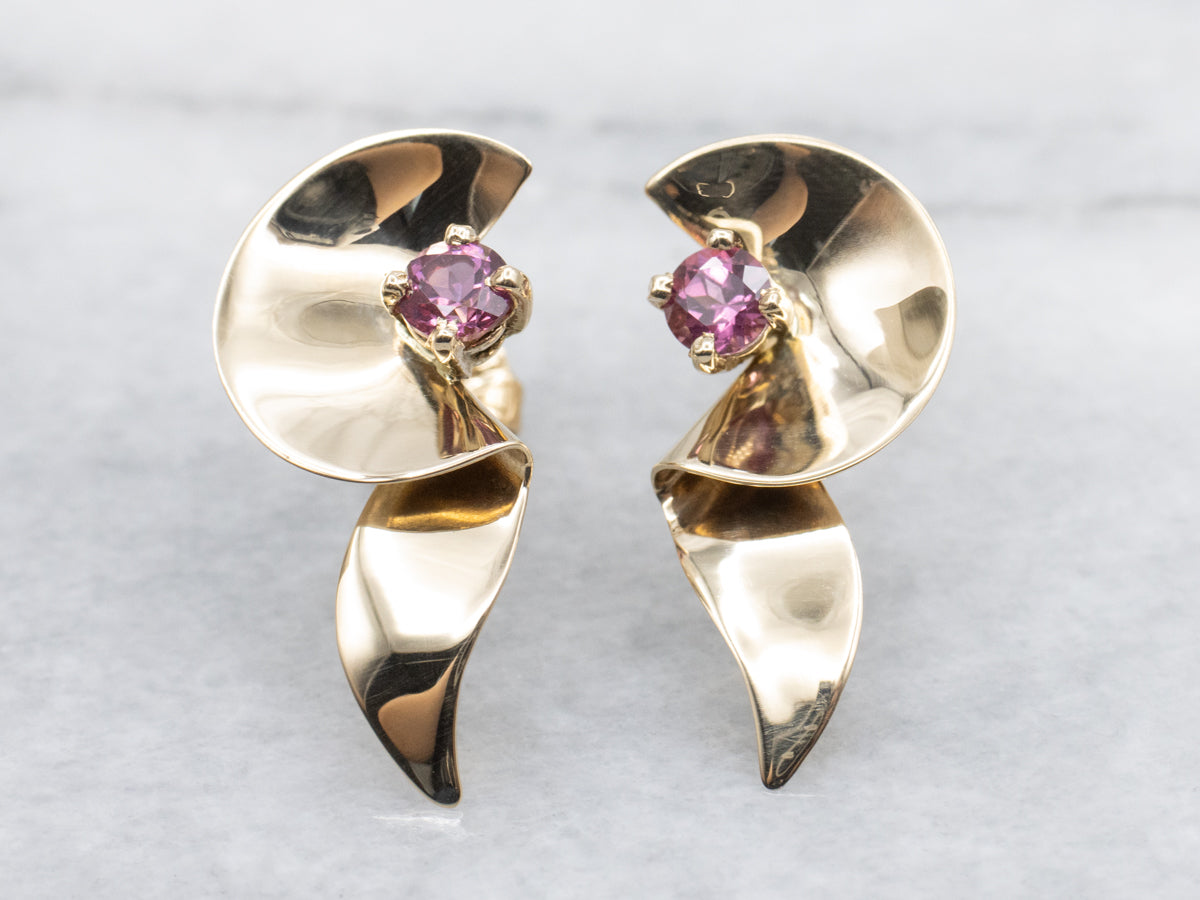 Modernist Gold and Garnet Drop Earrings