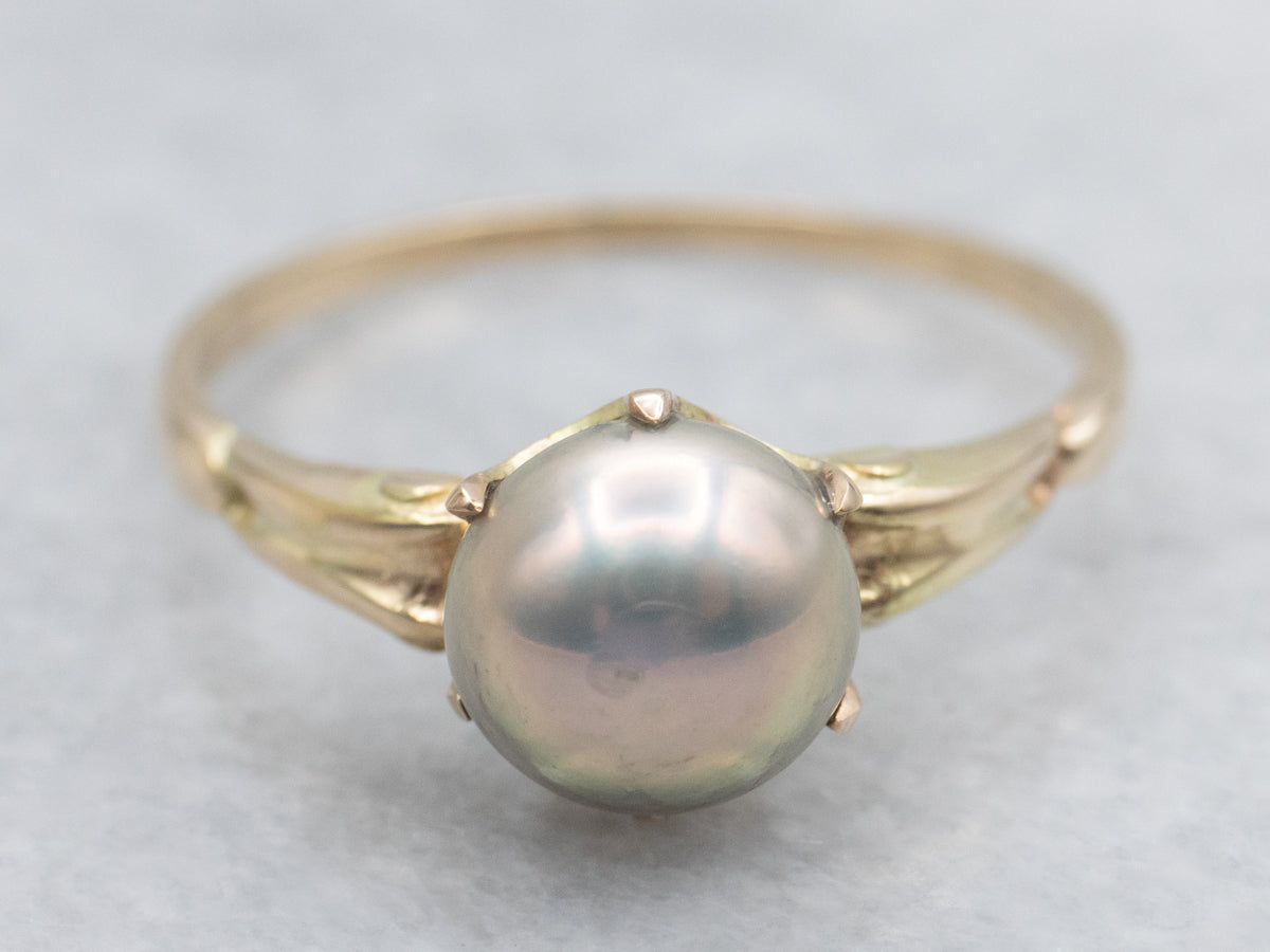 Modern Gray Pearl Gold Solitaire Ring