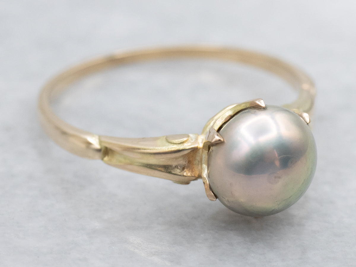 Modern Gray Pearl Gold Solitaire Ring