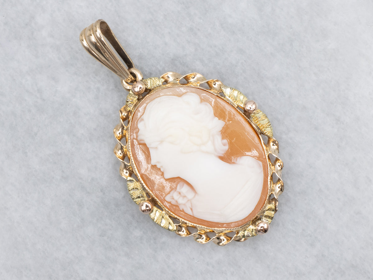 Two Tone Conch Shell Cameo Pendant with Twisted Frame