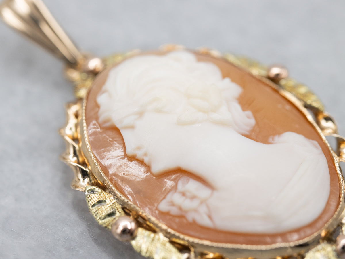 Two Tone Conch Shell Cameo Pendant with Twisted Frame