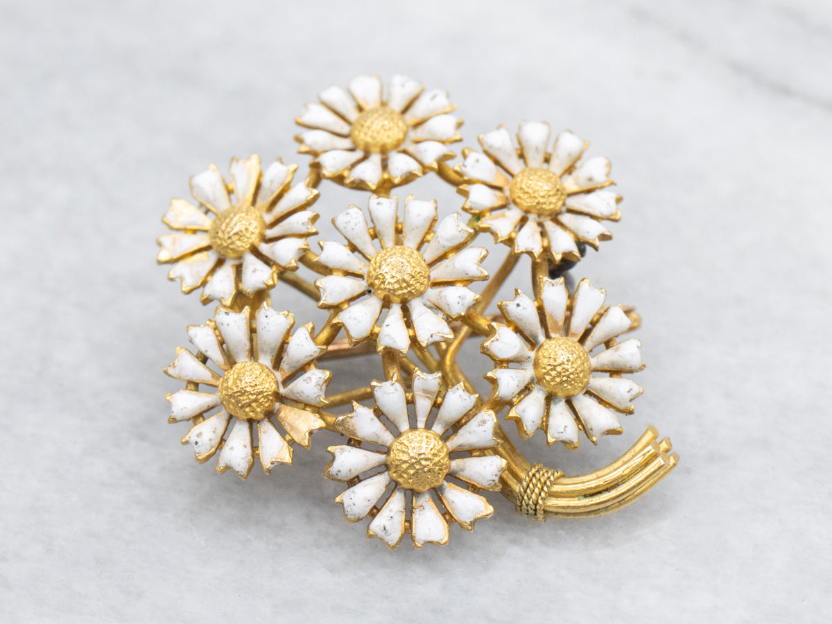 Antique Enamel Daisy Flower Bouquet Gold Brooch