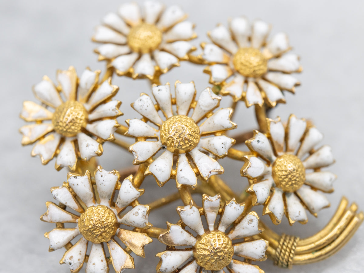 Antique Enamel Daisy Flower Bouquet Gold Brooch