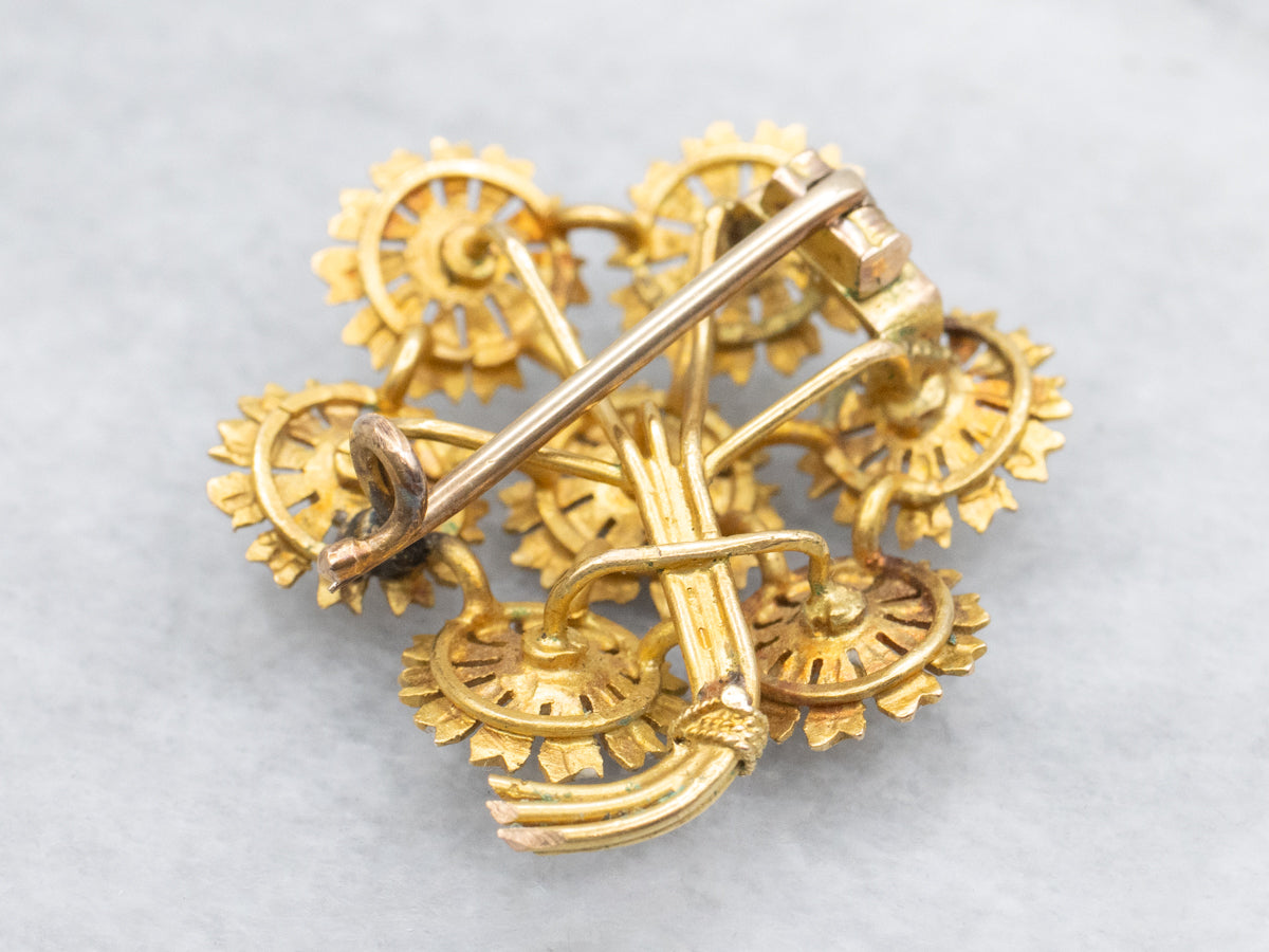 Antique Enamel Daisy Flower Bouquet Gold Brooch